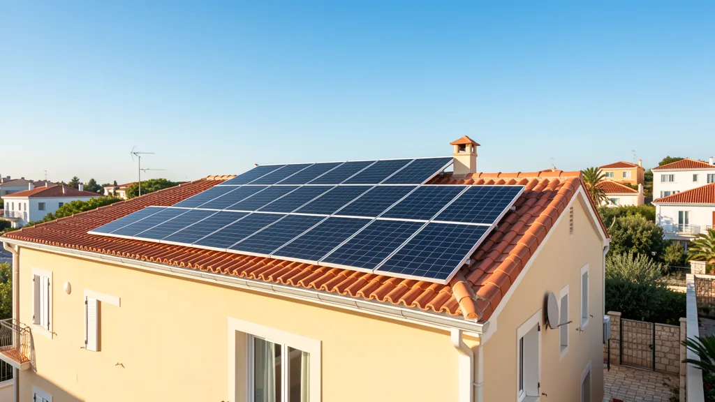Painéis solares em telhado residencial com luz solar diurna